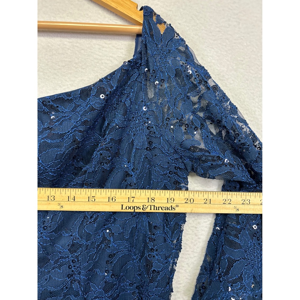 Cocktail Party Venus Womens 20 Blue Lace Sequin Bell Sleeve Off Shoulder Dress - Picture 8 of 12